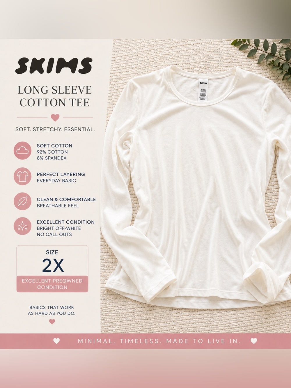 SKIMS White Long Sleeve Cotton Stretch Tee 2X Minimal Soft Layering Top